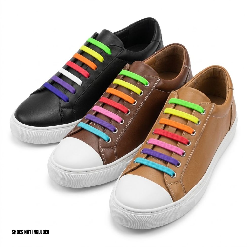 Red, blue and black canvas sneakers fitted with multicoloured silicone no-tie shoelaces