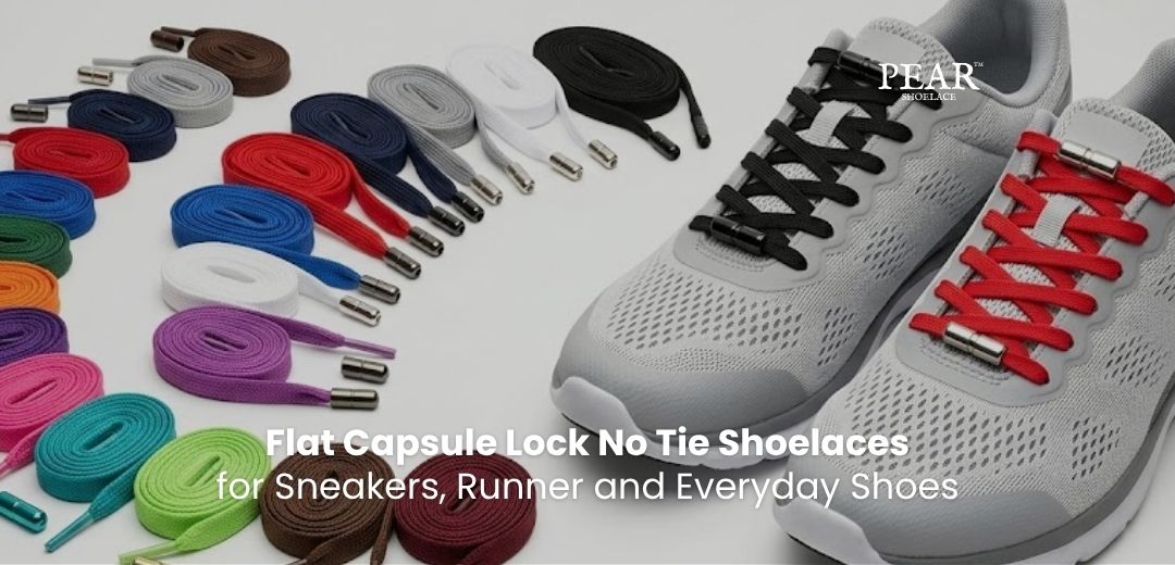 Shop Flat Capsule Lock No Tie Shoelaces Flat Capsule Lock No Tie Shoelaces in assorted colours with secure capsule locks for sneakers and everyday shoes - Pear Shoelace