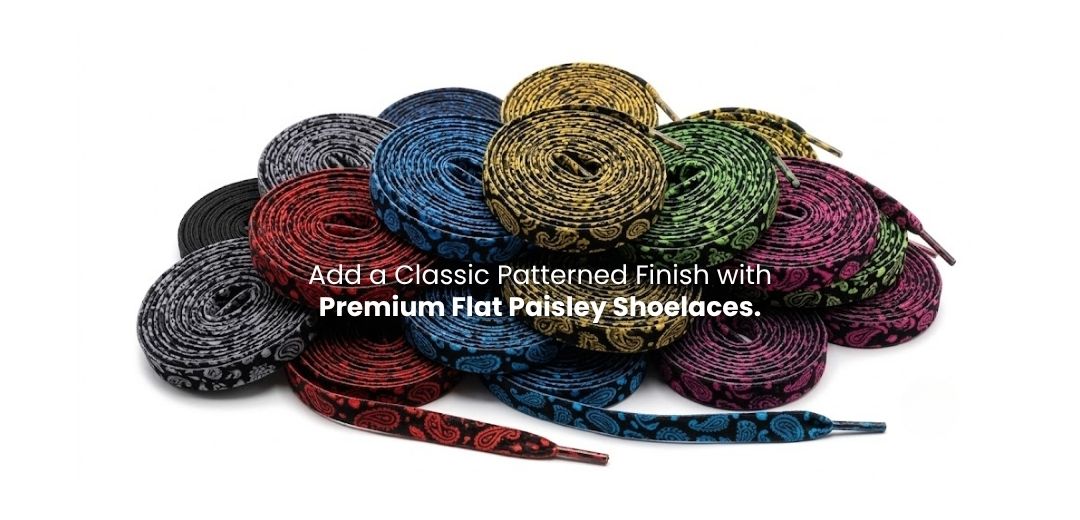 Flat paisley shoelaces in patterned designs for sneakers and casual shoes