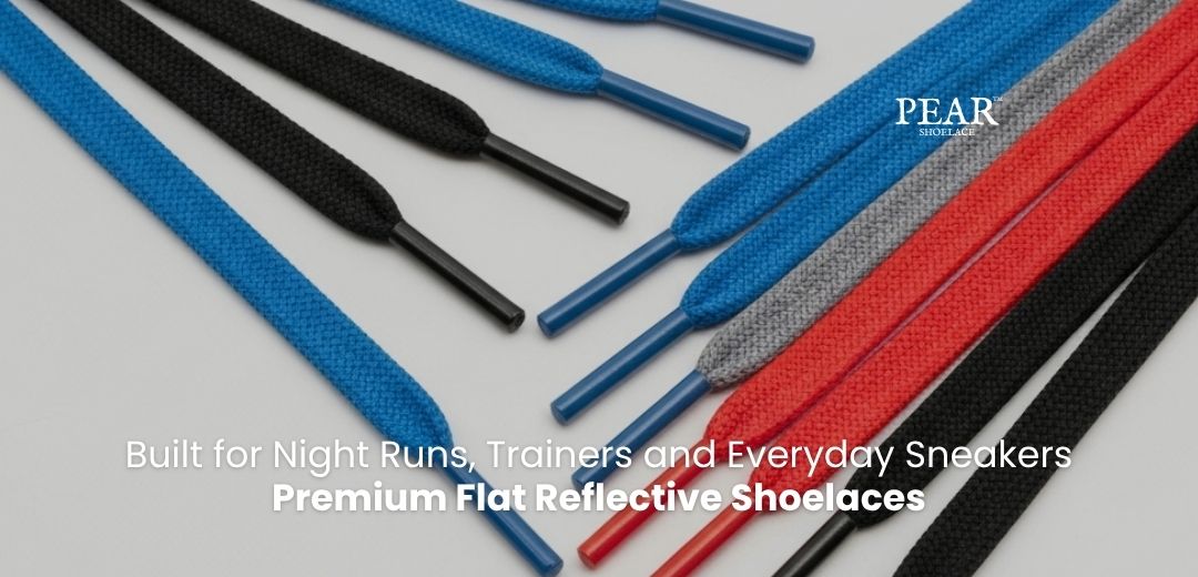 Flat reflective shoelaces designed to improve visibility for sneakers, runners and everyday shoes.