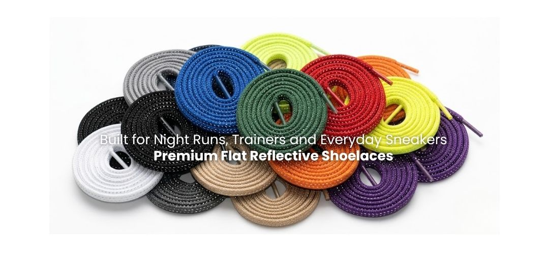 Flat reflective shoelaces designed to improve visibility for sneakers, runners and everyday shoes.