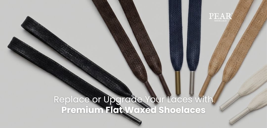 Flat waxed shoelaces with a smooth structured finish for sneakers, dress shoes and leather boots.