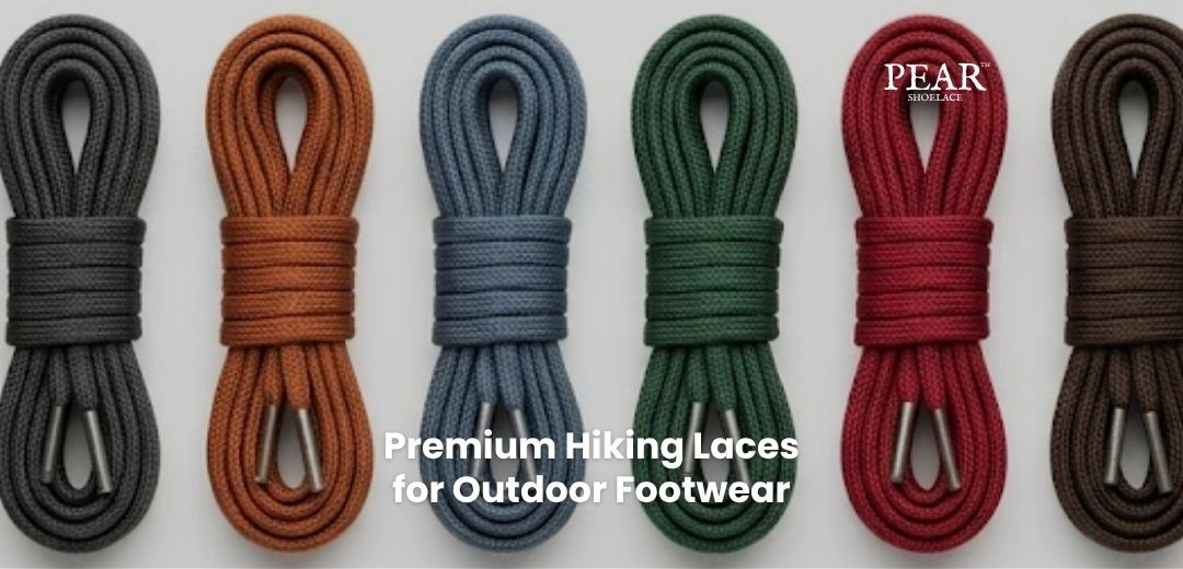 Hiking laces arranged neatly for boots and trail shoes in durable outdoor colours - Pear Shoelace