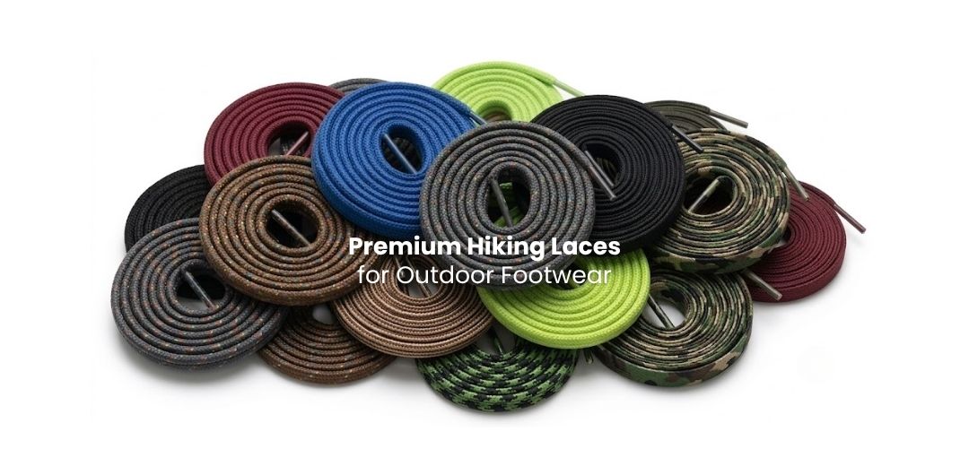 Hiking laces arranged neatly for boots and trail shoes in durable outdoor colours - Pear Shoelace