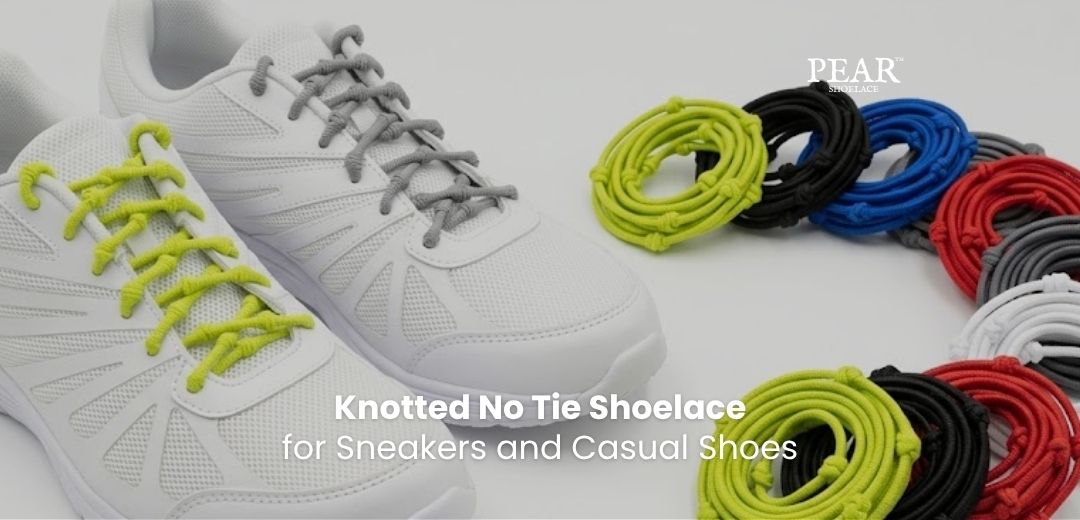 knotted no tie shoelaces on white sneakers - Pear Shoelace