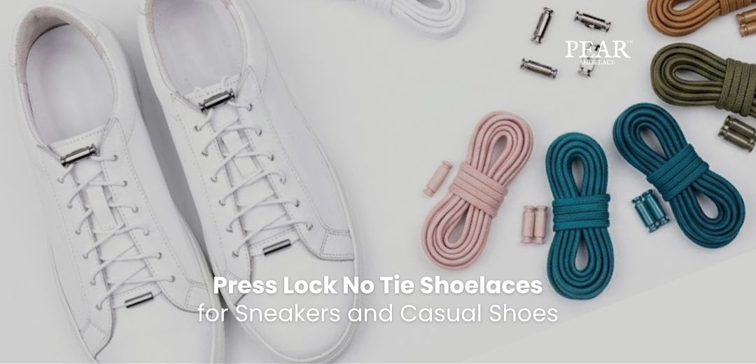 Press Lock No Tie Shoelaces with round elastic laces on sneakers - Pear Shoelace