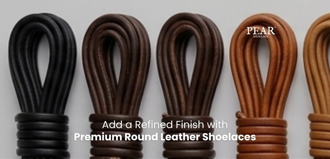 Round leather shoelaces in multiple colours for boots, dress shoes and casual footwear