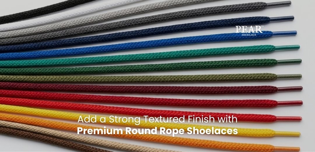 Round rope shoelaces with textured woven finish and finished aglets