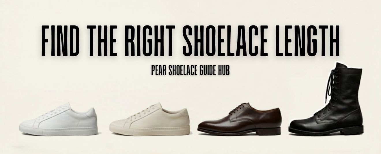 Shoelace length guide showing sneakers, casual shoes, dress shoes and boots